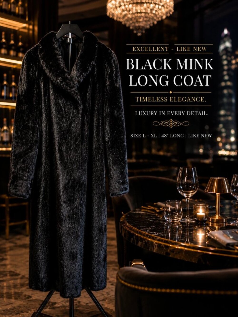 BLACK MINK FUR COAT Women's Long Luxury Full Length 48" Excellent L-XL